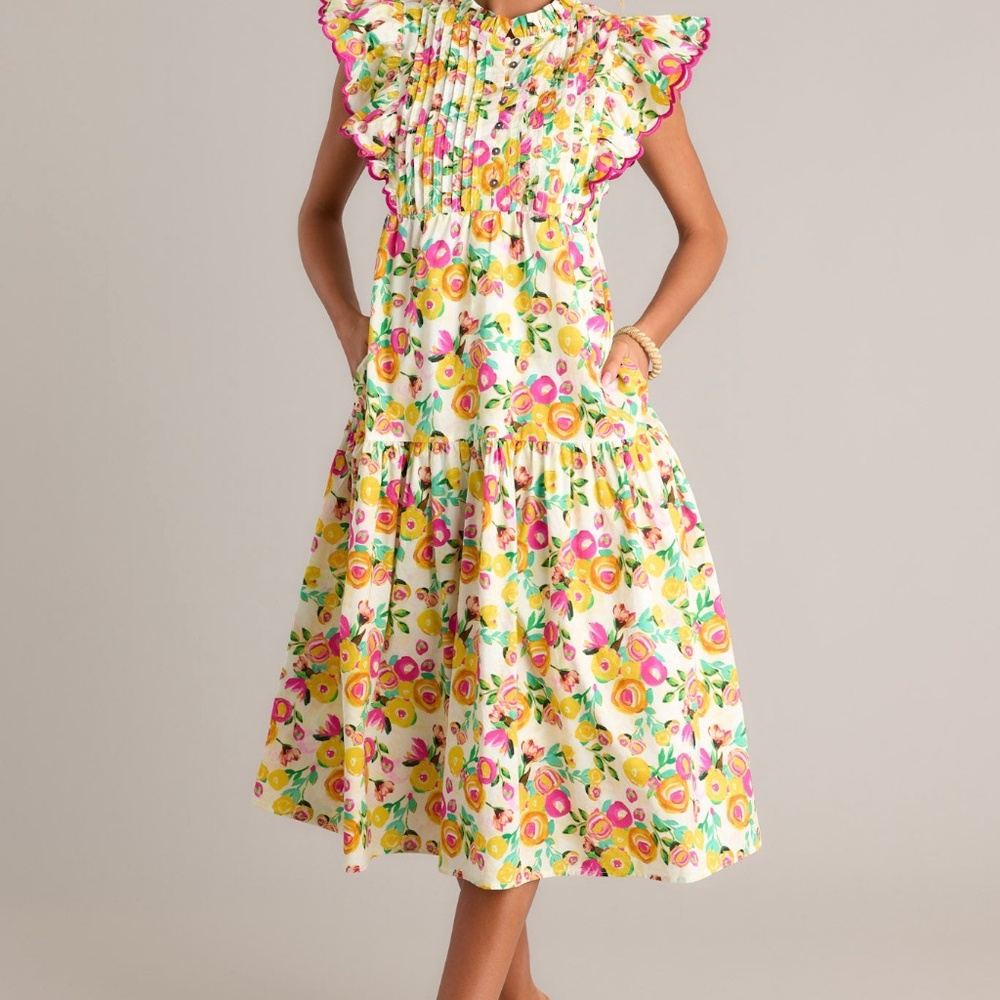 Red Dress Blossoming Love 100% Cotton Yellow Floral Midi Dress Size MM / Yellow